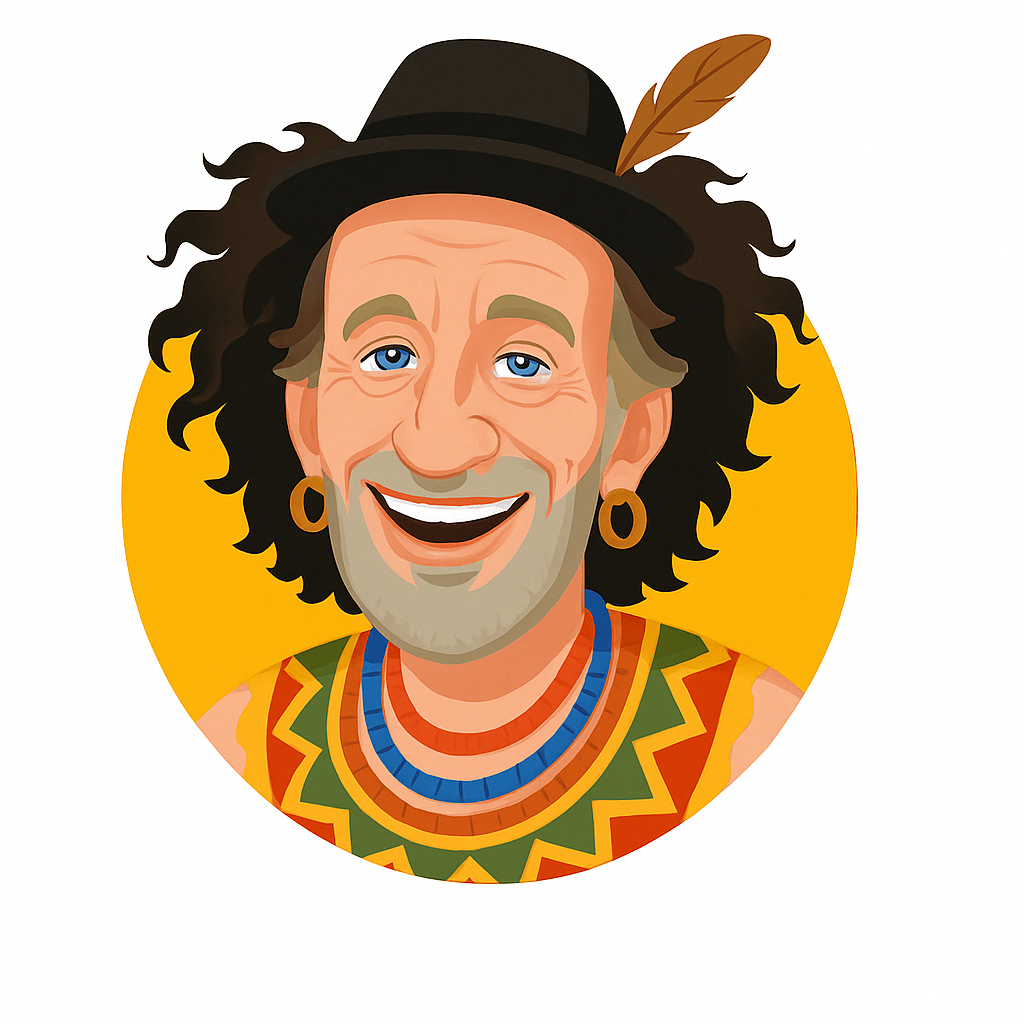Mads Bischoff Illustration af en smilende Mads med krøllet hår, iført fjerhat og øreringe, iført farverigt mønstret tøj på en gul, cirkulær baggrund - perfekt til din Unifi Safi wifi eller Bischoff-branding.